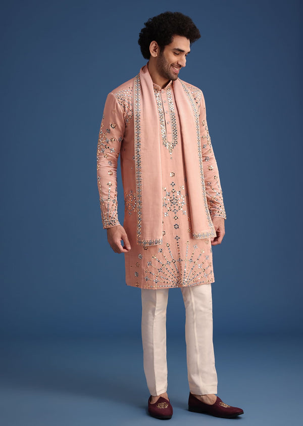 Pink Silk Blend Mirror Embroidered Kurta Dupatta Set