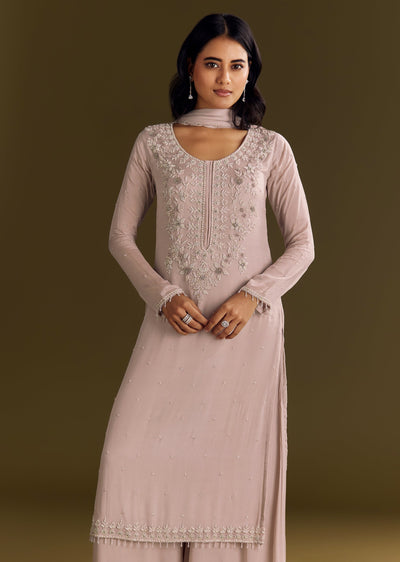 Lavender Chinon Zardosi Kurta Sharara With Cutdana Dupatta