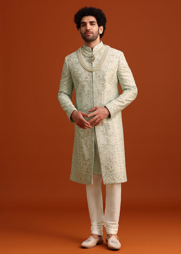 Mint Green Silk Sherwani Set With Sequin Work