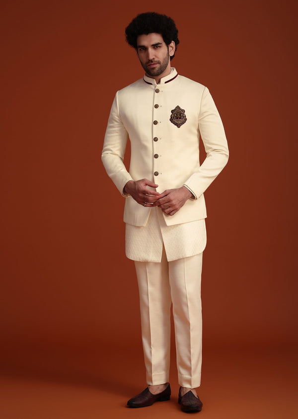 Cream Kurta Jodhpuri Set With Velvet Patch Work Broach