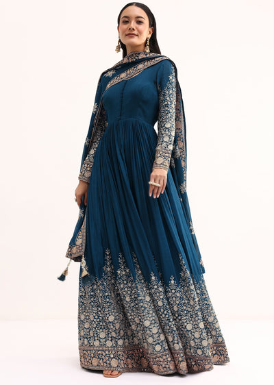 Teal Chinon Anarkali Suit With Zari Work
