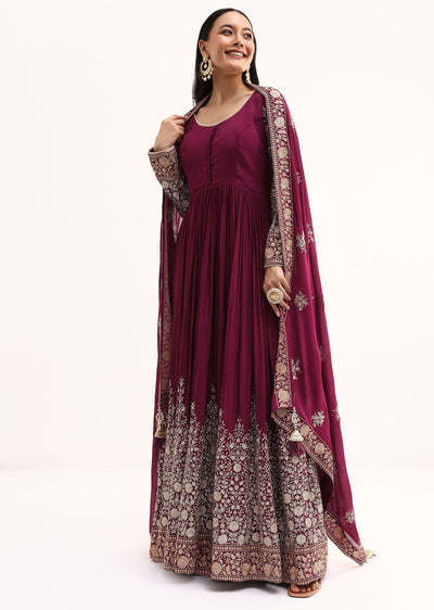 Wine Chinon Anarkali Suit With Zari Work
