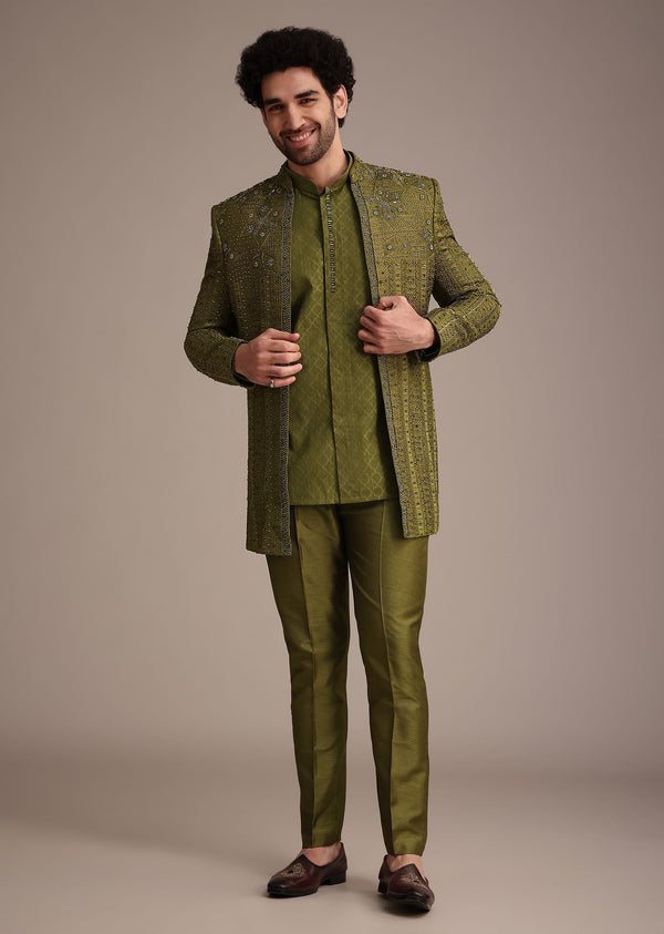 Mehendi Green Silk Zardosi Kurta Jacket Set