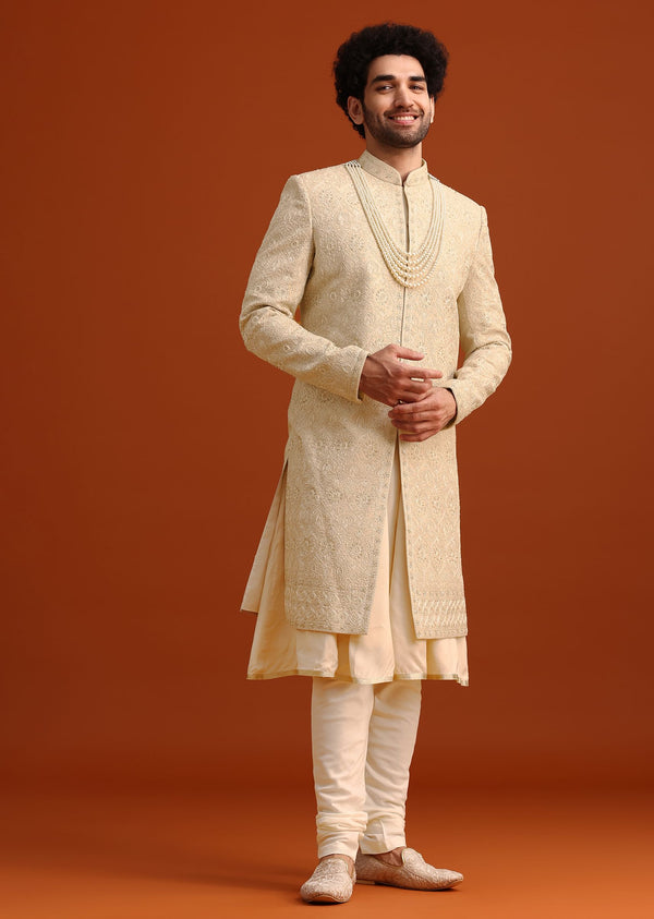 Beige Silk Embroidered Sherwani And Kurta Set With Dupatta