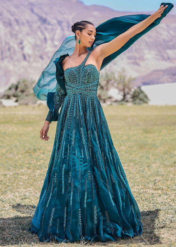 Peacock Green Embroidered Circular Frill Gown With Long Trail| KALKI Fashion USA