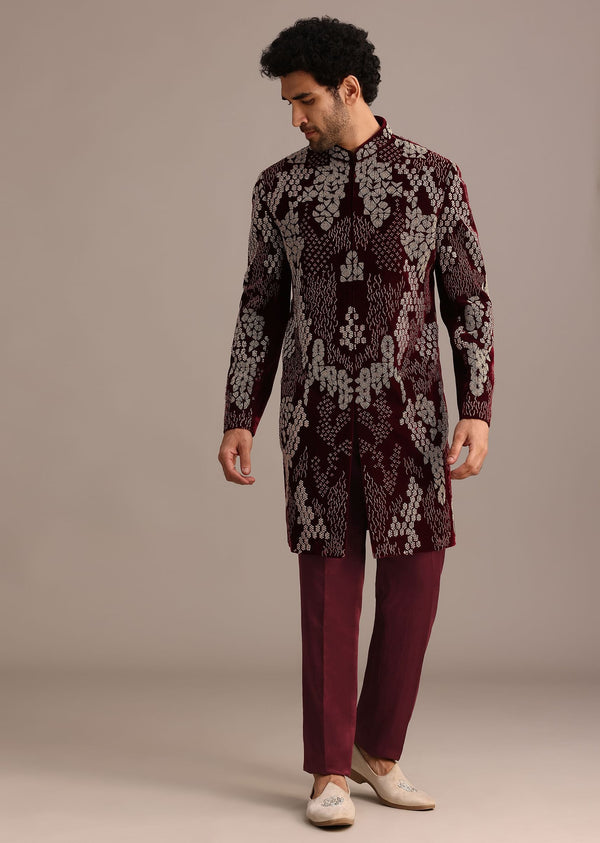 Wine Hand Embroidered Indo Western Set In Velvet