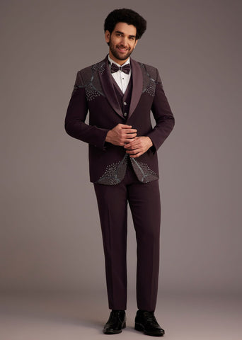 Wine Tuxedo With Beaded Detailing And Satin Peak Lapel| KALKI