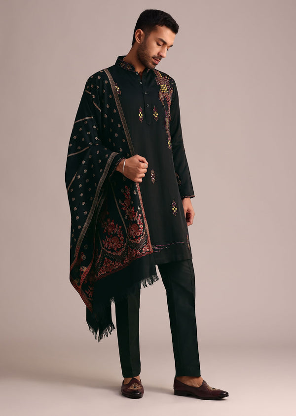 Black Silk Blend Hand Work Kurta Set With Dupatta