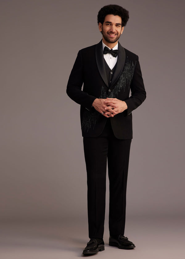 Black Tuxedo With Beaded Embellishments And Satin Lapel