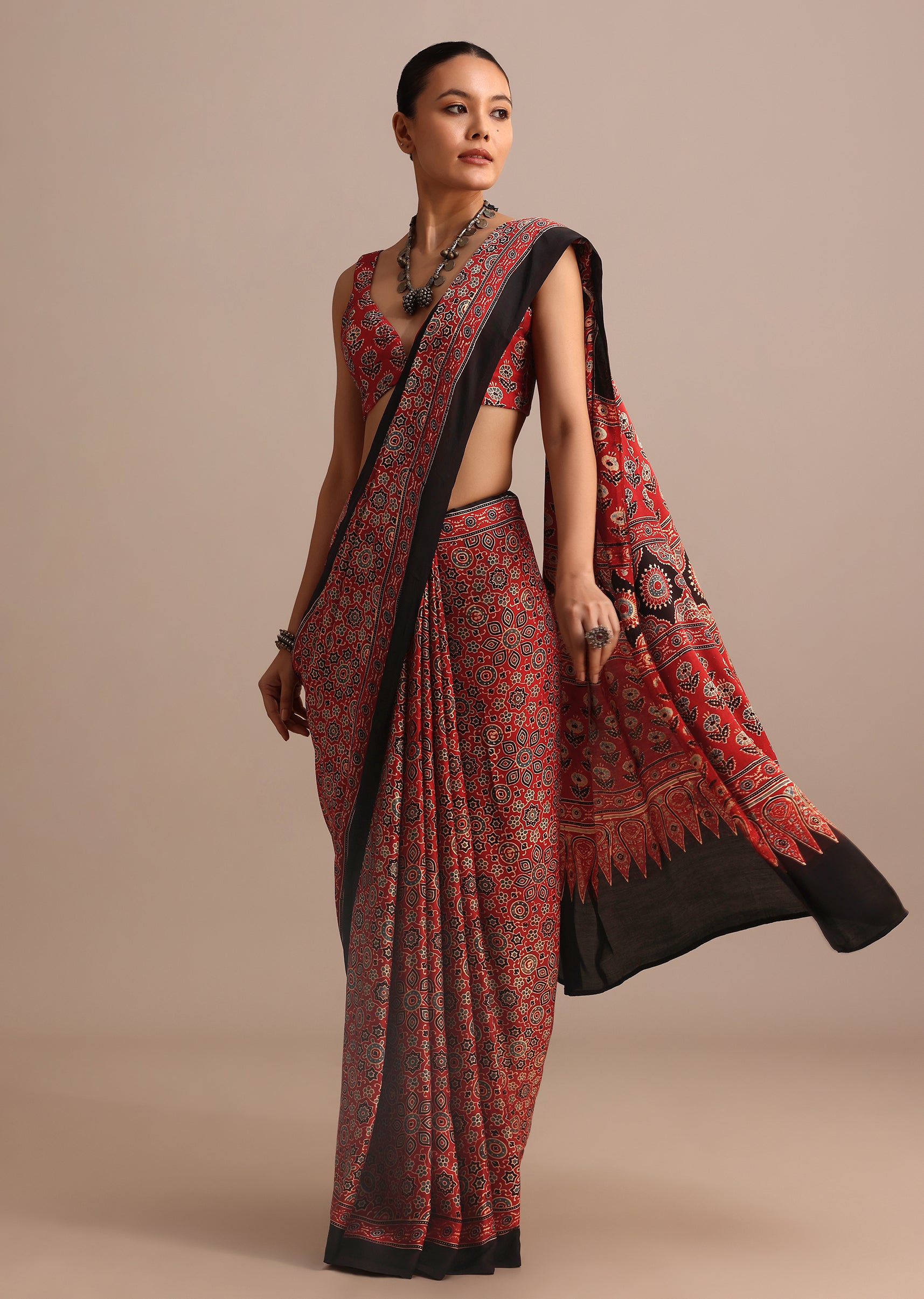 Red Modal Satin Ajrakh Handblock Printed Saree