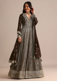 Dark Brown Silk Zari Embroidered Anarkali Suit