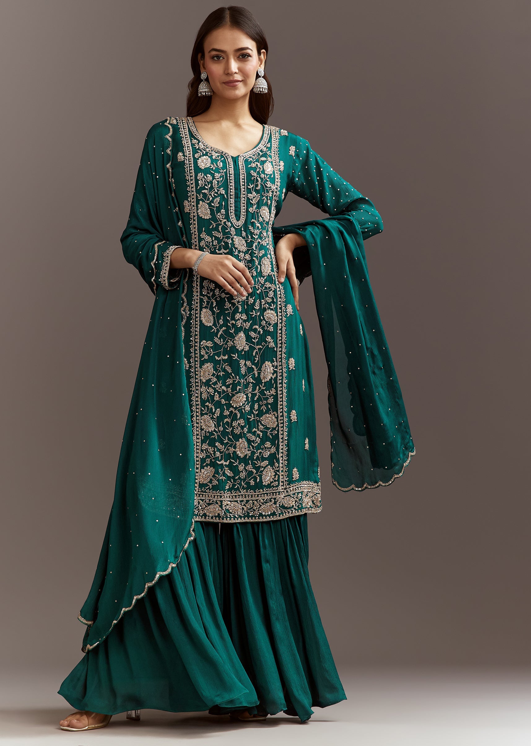 Teal Green Cutdana And Sequins Kurta Sharara With Dupatta