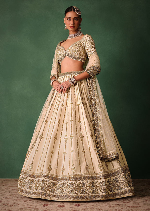 Ivory Raw Silk Hand Embroidered Lehenga Set With Net Dupatta