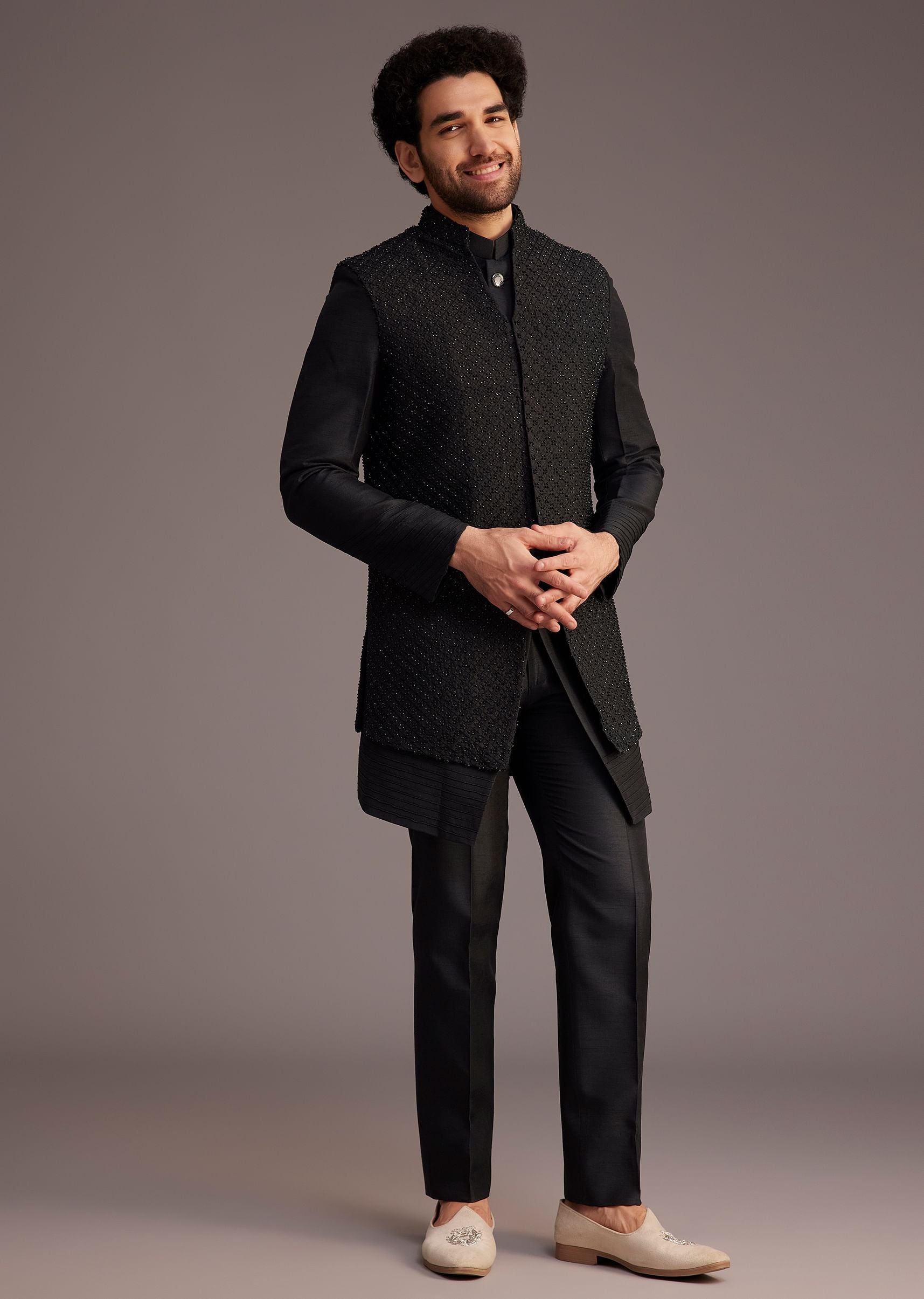 Black Textured Bandhgala With Embellished Full Sleeve Jacket