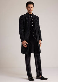 Black Velvet Indowestern Set With Cut Dana Embellishment