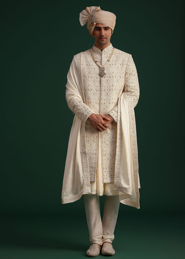 Gold Zari Embroidered Sherwani With Anarkali Kurta And Dupatta