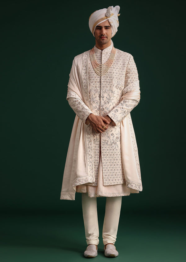 Peach Silk Zari Embroidered Sherwani Suit With Mala And Dupatta
