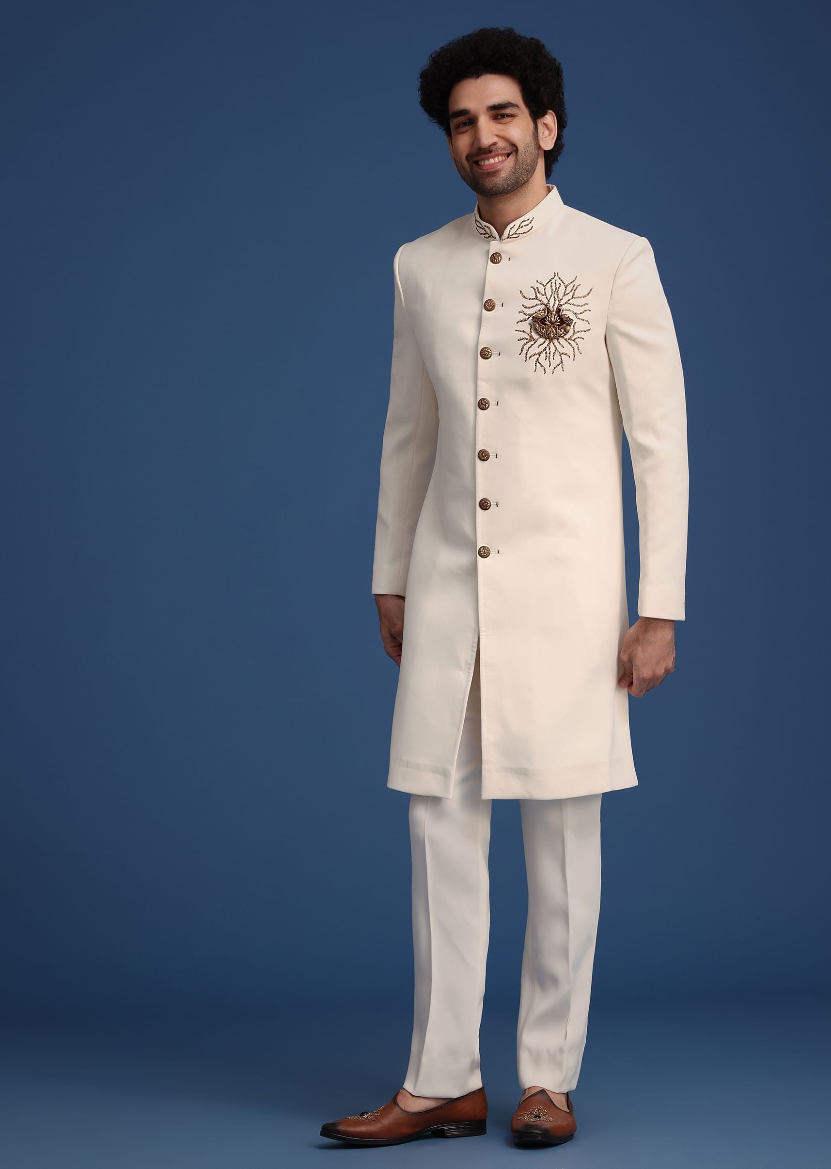Cream Indowestern Suit With Zari And Metal Work Broach