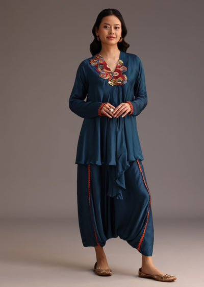 Teal Resham Work Kurti And Bohemian Dhoti