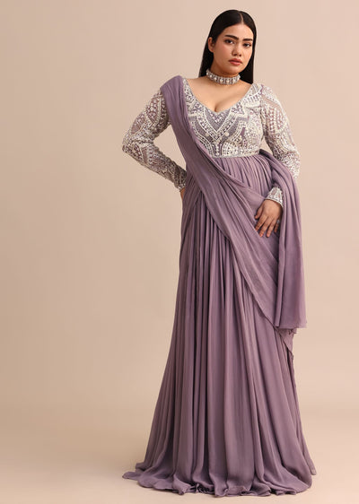 Blue Lilac Pre Drape Suit With Pearl Work