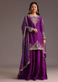 Purple Zari Work Palazzo Suit With Organza Dupatta