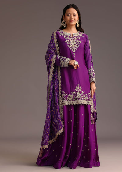 Purple Zari Work Palazzo Suit With Organza Dupatta