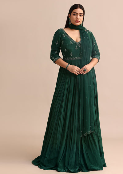 Dark Green Embroidered Anarkali Suit With Net Dupatta