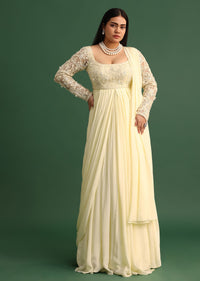 Off White Pallu Style Draped Anarkali Suit