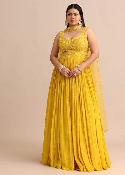Sweetheart Neck Yellow Embroidered Anarkali Suit With Choker Dupatta