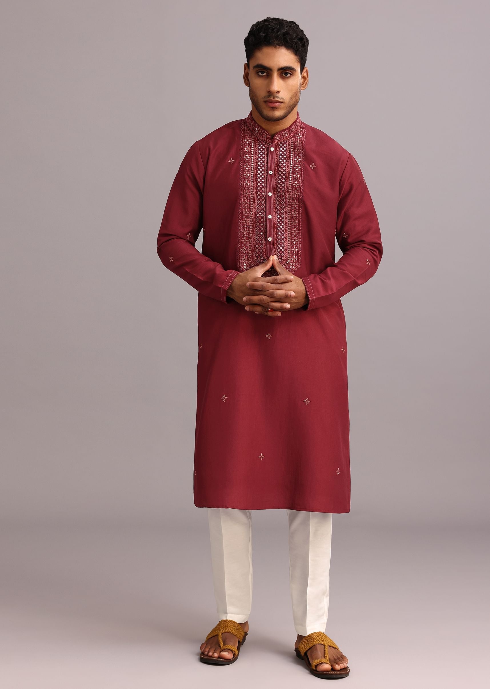 Red Kurta Pant Set In Silk With Mirror Work