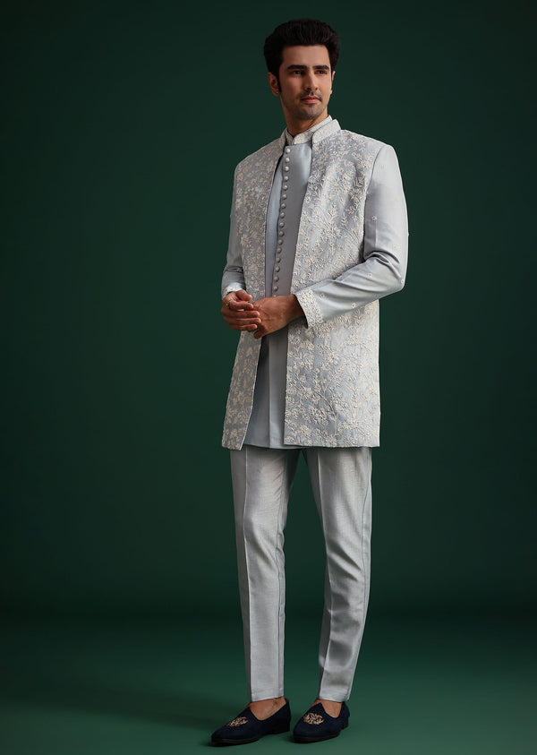 Ice Blue Cotton Silk Hand Work Sherwani Kurta Set