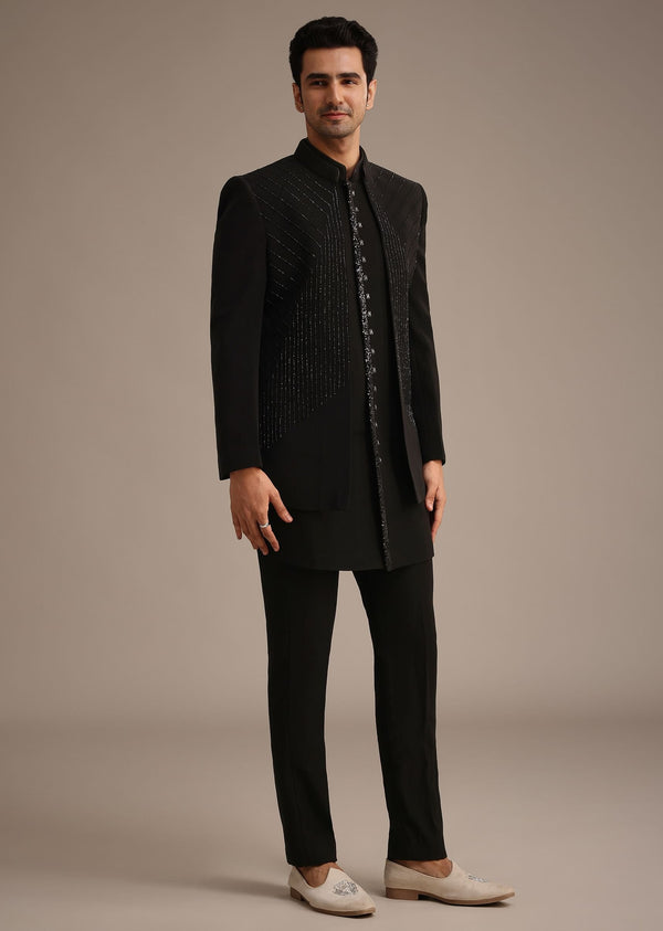 Black Hand Embroidered Indowestern And Kurta Set
