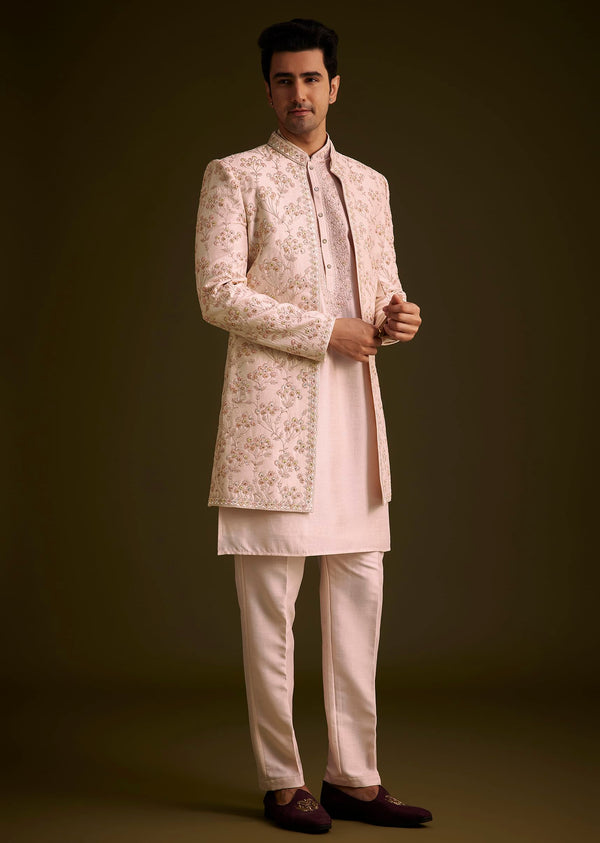 Cream Embroidered Sherwani With Thread And Sequin Work