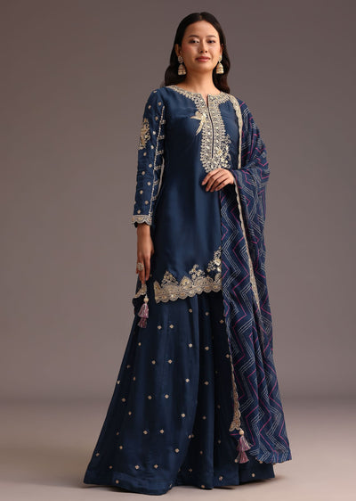 Blue Zari Work Palazzo Suit With Organza Dupatta