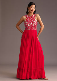 Red Embroidered Jumpsuit With Belt