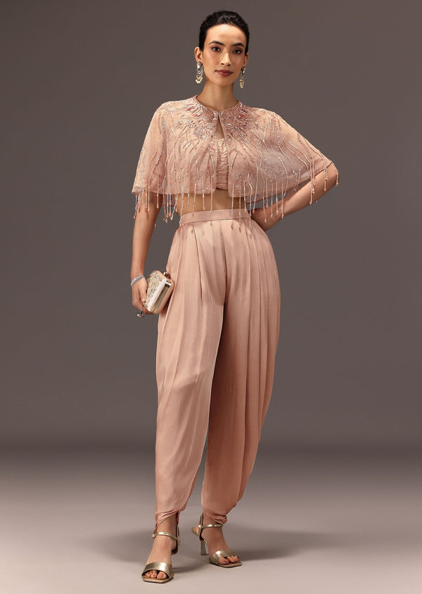 Nude Pleated Blouse With Tassel Cape And Dhoti Pants
