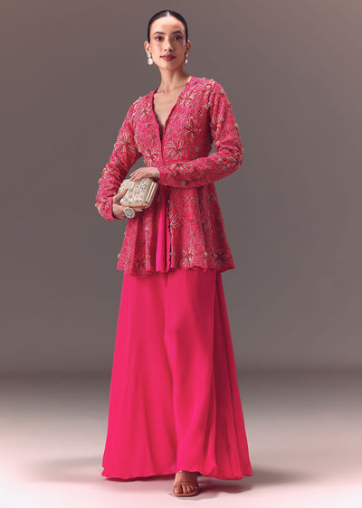 Pink Raw Silk Peplum With Double Circular Palazzo Pants