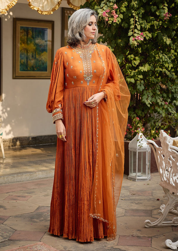 Rust Crepe Anarkali Suit With Pleated Sleeves And Net Dupatta
