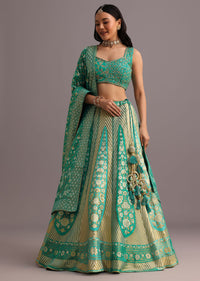 Aqua Green Embroidered Choli With Banarasi Weave Lehenga And Dupatta