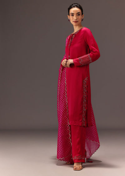 Red Organza Satin Hand Embroidered Kurta Set
