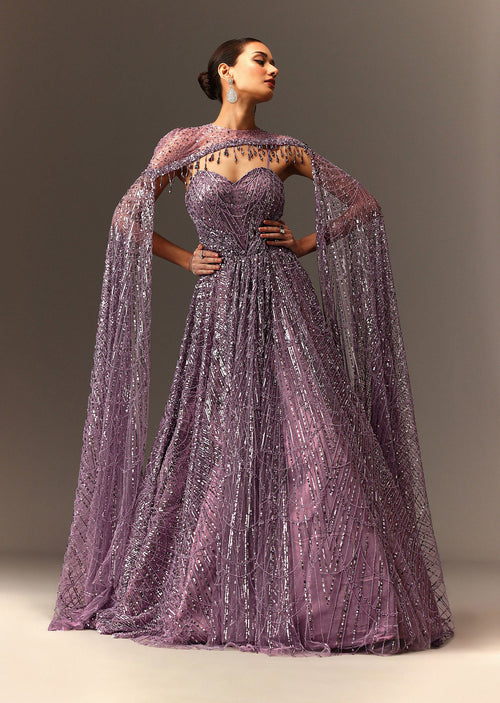 Lilac Sequin Gown With Attached Cheeta Work Cape Sleeves| KALKI Fashion USA Lilac Sequin Gown With Attached Cheeta Work Cape Sleeves| KALKI Fashion USA