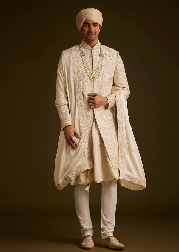 Beige Resham Embroidered Sherwani With Elegant Dupatta
