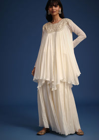 White Chiffon Kurta And Palazzo Set With Cutdana And Sequin Work