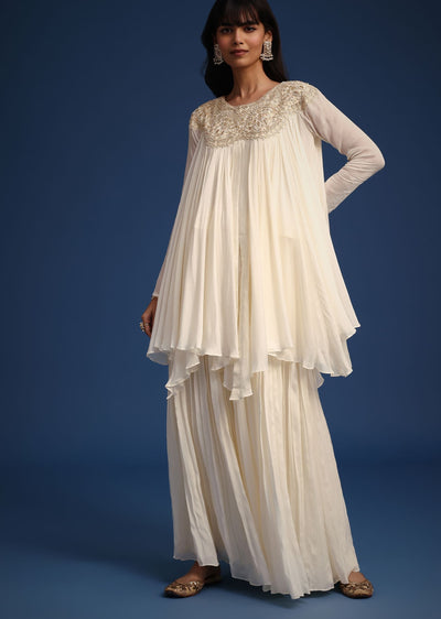 White Chiffon Kurta And Palazzo Set With Cutdana And Sequin Work