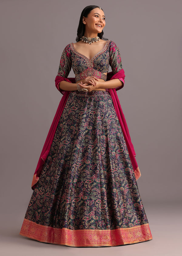 Blue Printed Lehenga Choli With Banarasi Weave Bordered Dupatta