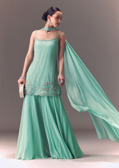 Sea Green Kurta Sharara Set With Choker Dupatta
