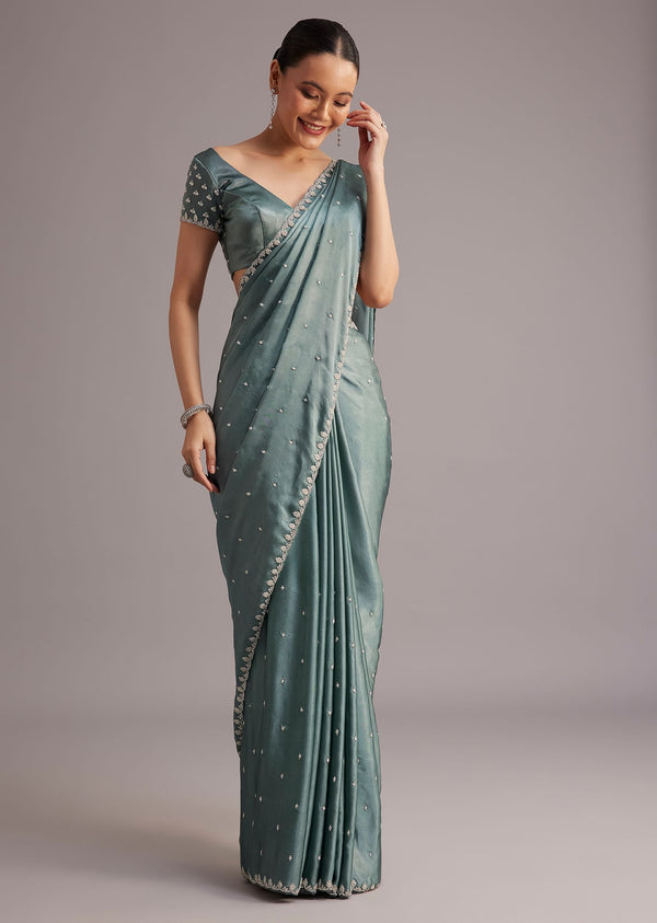 Teal Green Satin Saree Embroidered With Stones And Diamonds