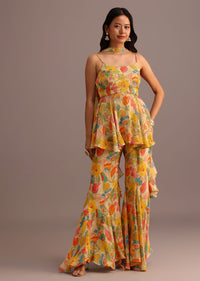 Beige Floral Printed Kurti Sharara Suit With Tissue Dupatta