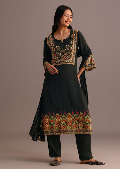 Deep Forest Green Printed Kurti Pant Set With Dupatta