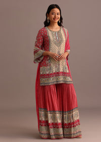 Pink Printed Kurti Sharara Suit With Chiffon Dupatta